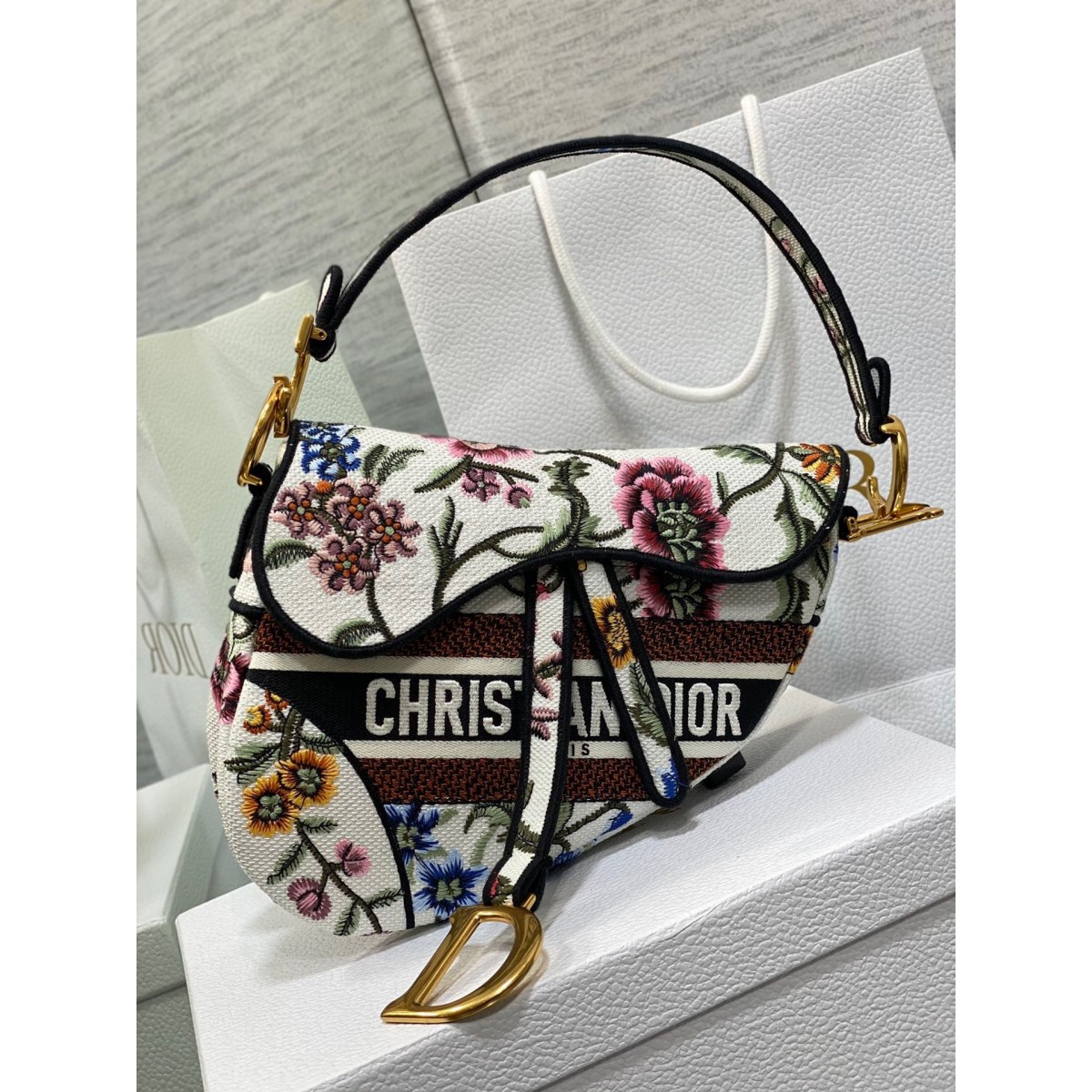 Dior Saddle Bag In White Multicolor Dior Petites Fleurs Embroidery High Quality Replica